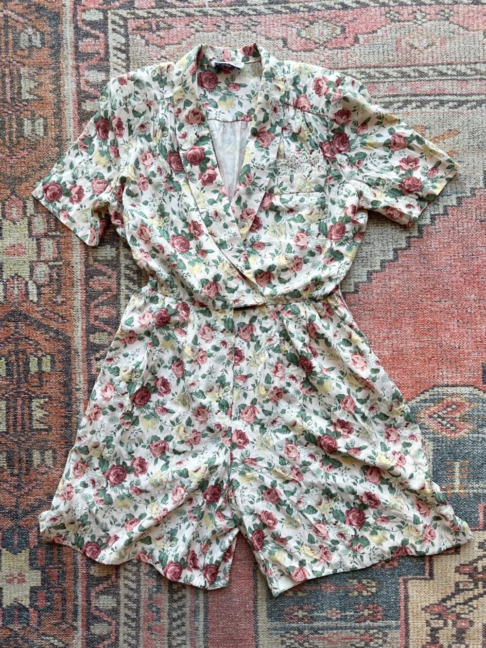 vintage 80s/90s Floral Romper – Blazer Style Playsuit with Lace Pocket